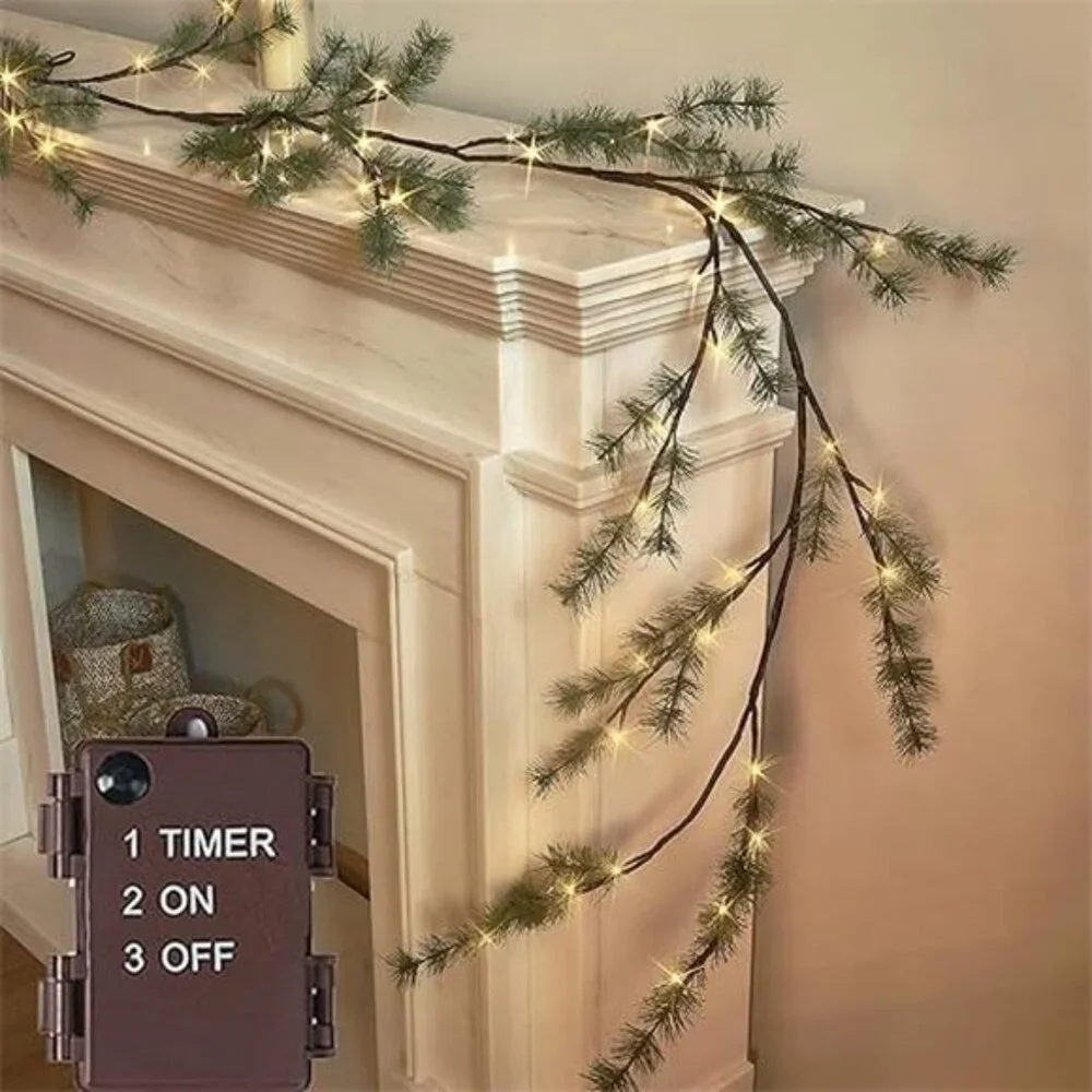 Lighted Christmas Pine Garland Battery Operated with Timer 6FT 48 Warm